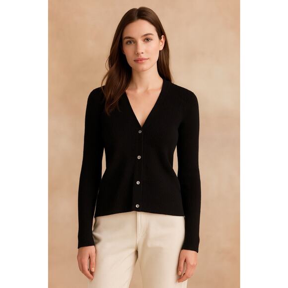 Theory Plaited Cardigan Women S Compact Crepe Metallic Black V Neck Ribbed - Picture 1 of 14